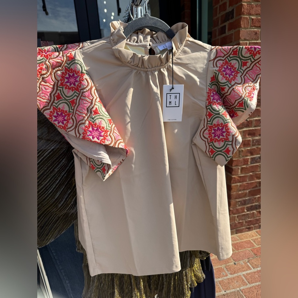 THML Beige Top with Pink & Green Embroidered Sleeves